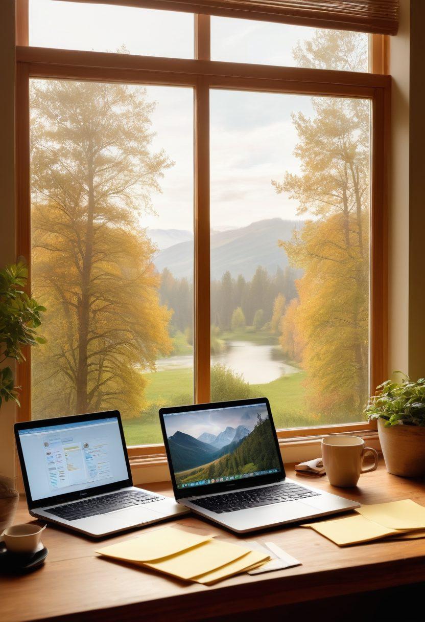 A peaceful workspace with a warm wooden desk, a laptop displaying a blog interface, and a steaming cup of coffee. Behind the desk, a large window shows a serene landscape, blending nature with technology. Sticky notes with creative ideas and a few books on storytelling add personal flair. Soft sunlight creates a cozy atmosphere, inviting inspiration. super-realistic. warm colors. natural light.
